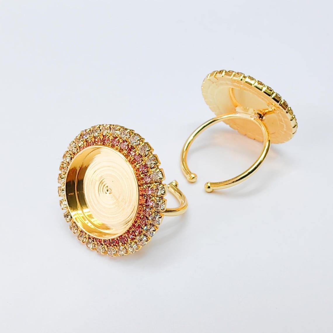 Pink Crystal Ring Blank Base Bezel Setting Adjustable 16mm 24k Shiny Gold G37445