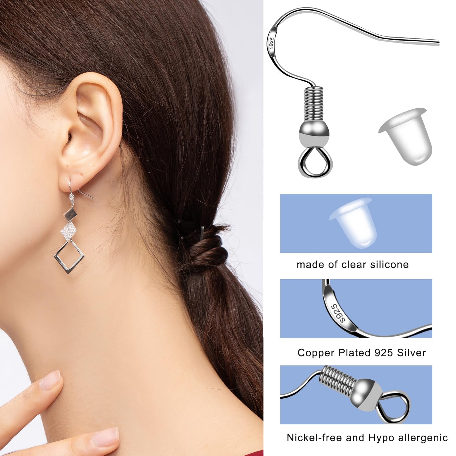 Sterling Silver Earring Hooks with Rubber Backs – 50 Pairs Hypoallergenic