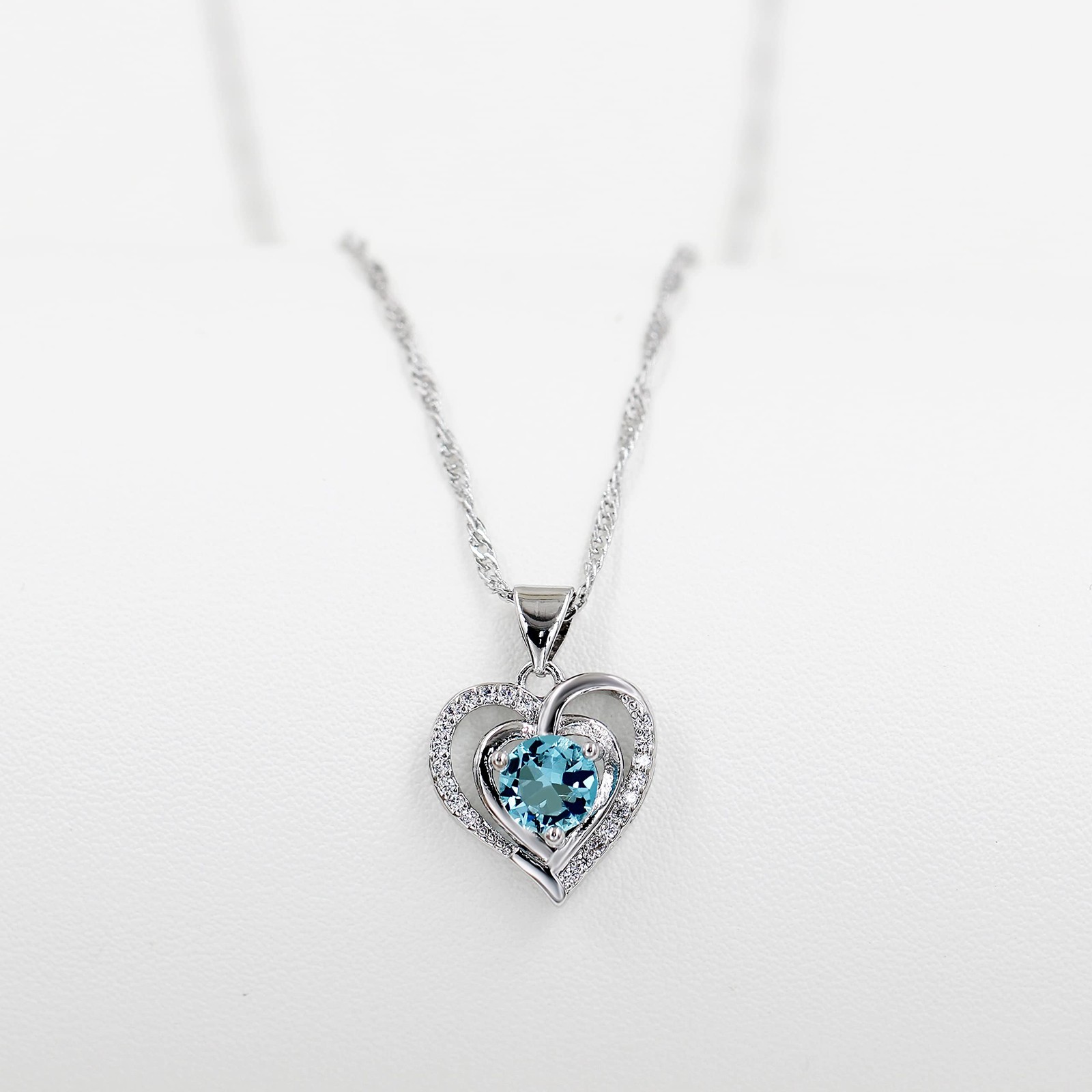 Platinum Plated Blue Crystal Heart Pendant Necklace Round Cubic Zirconia Double