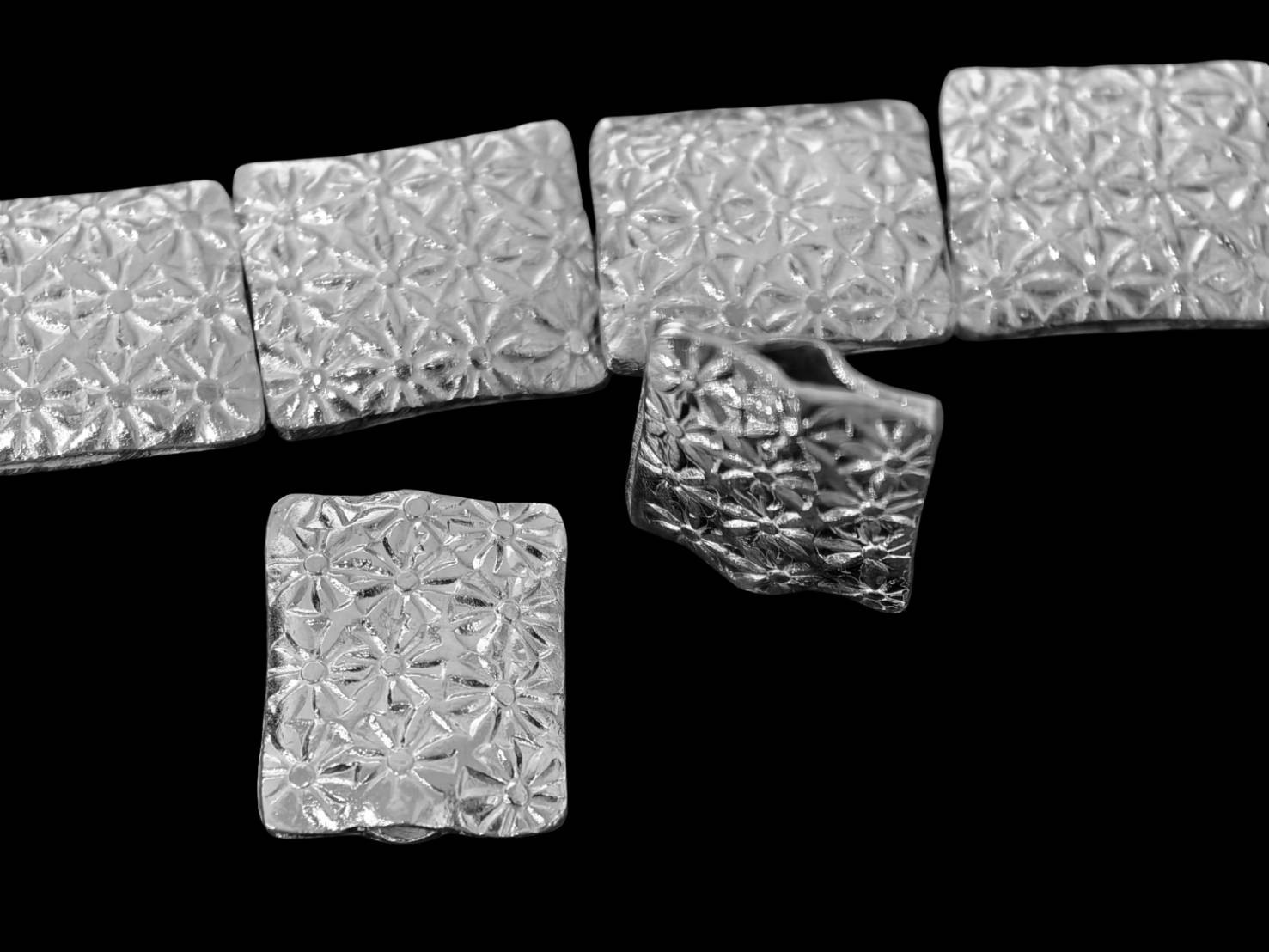 Silver beads Karen hill tribe handmade silver daisy print fancy rectangle puff