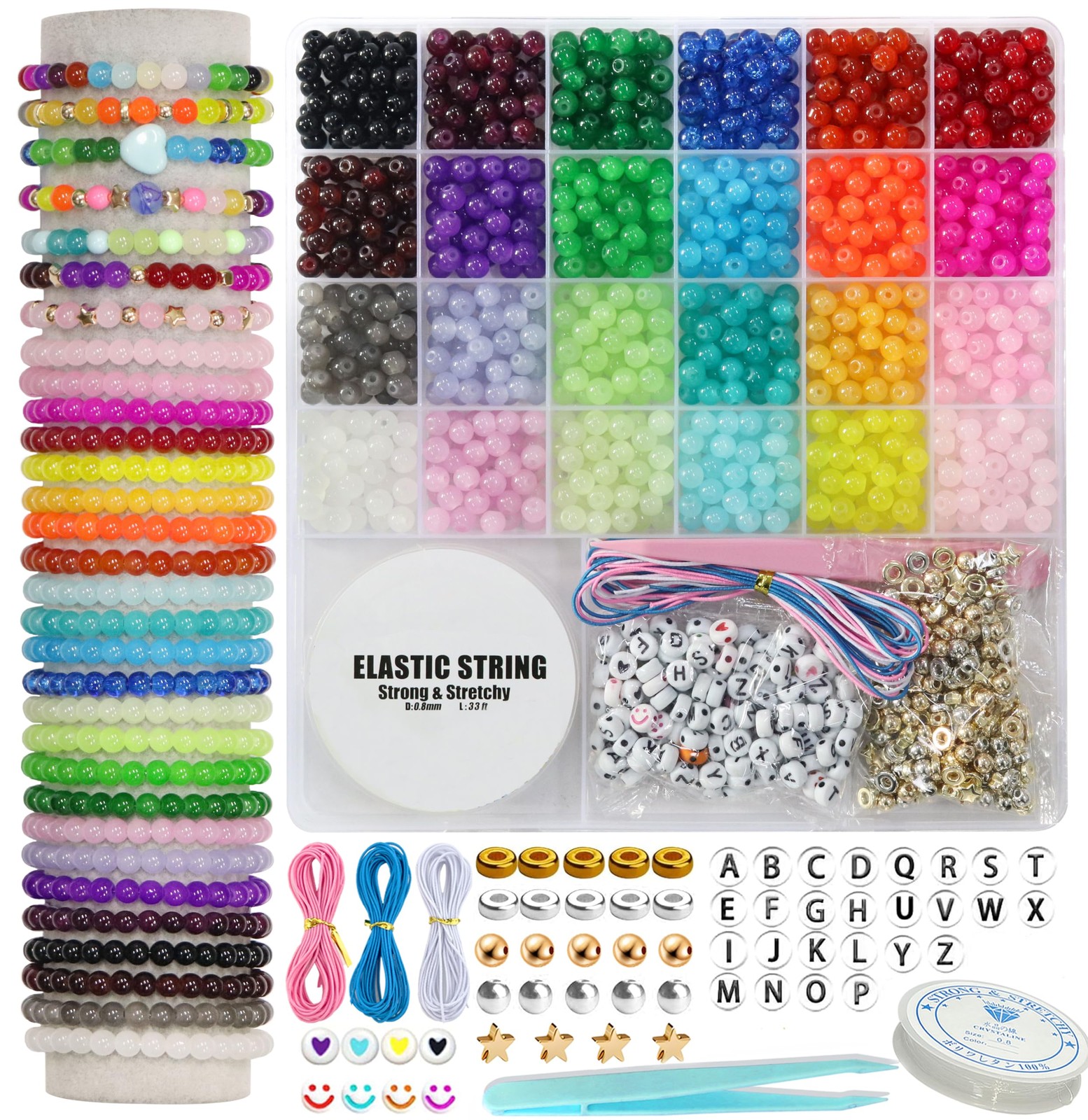 JULIMAIDONG 6mm Glass Beads for Bracelets 1400pcs, 24 6Mm, 6mm, 24Color