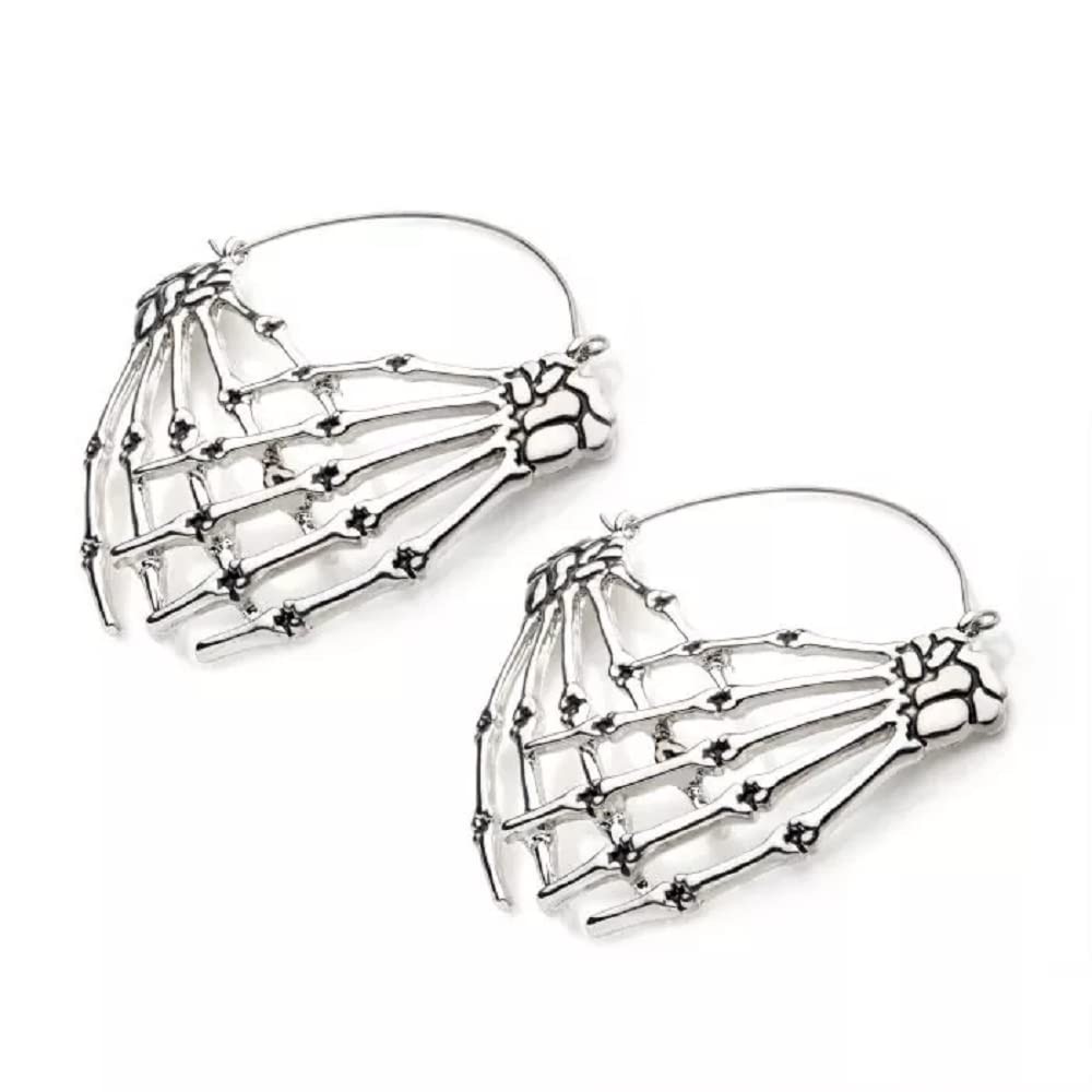 20GA Antiqued Skeleton Crossed Hands Plug Hoop Earrings, Sold as a Pair