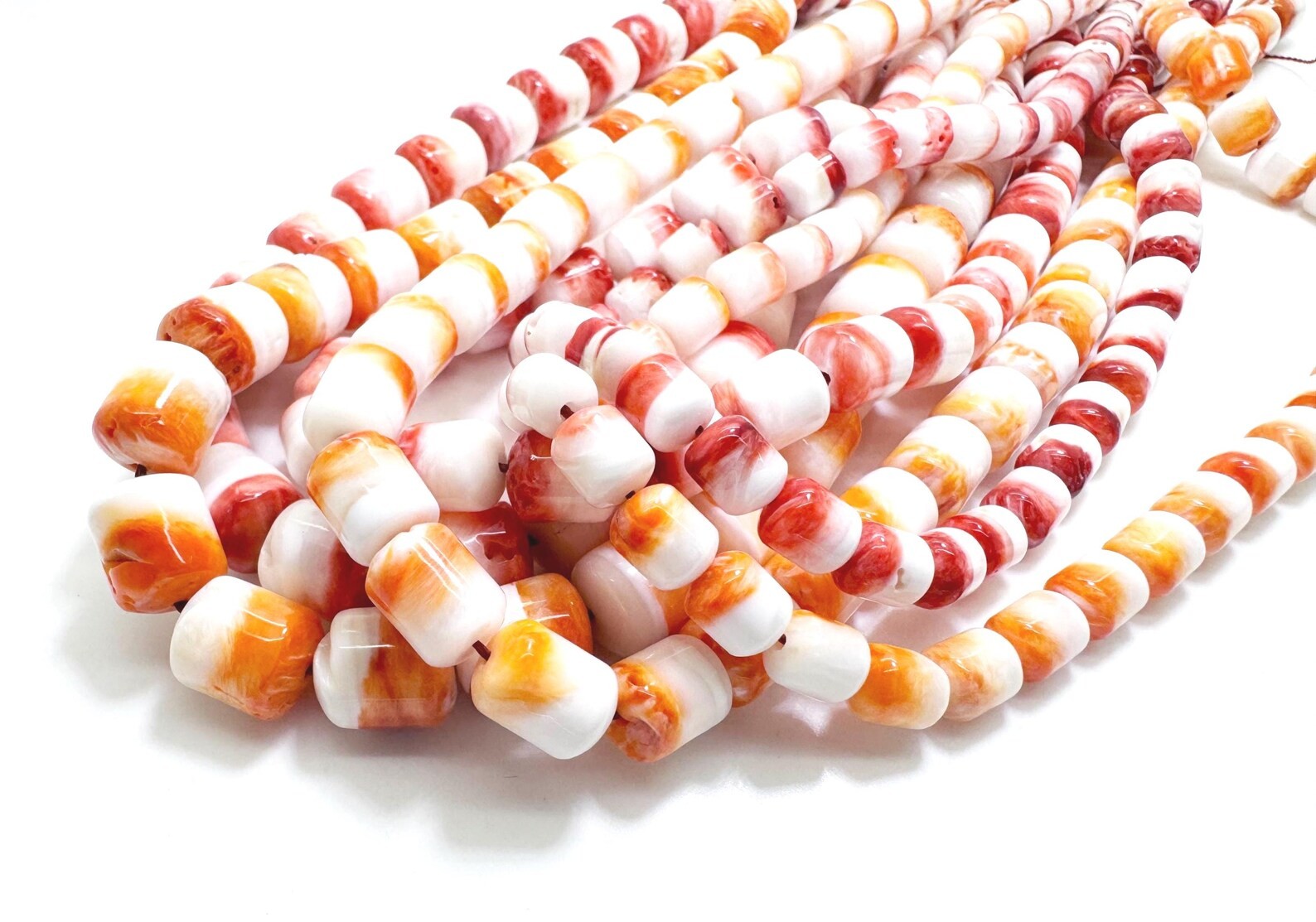 Spiny Oyster Shell Barrel Orange White Tube Smooth Polished Chunky Beads PG172