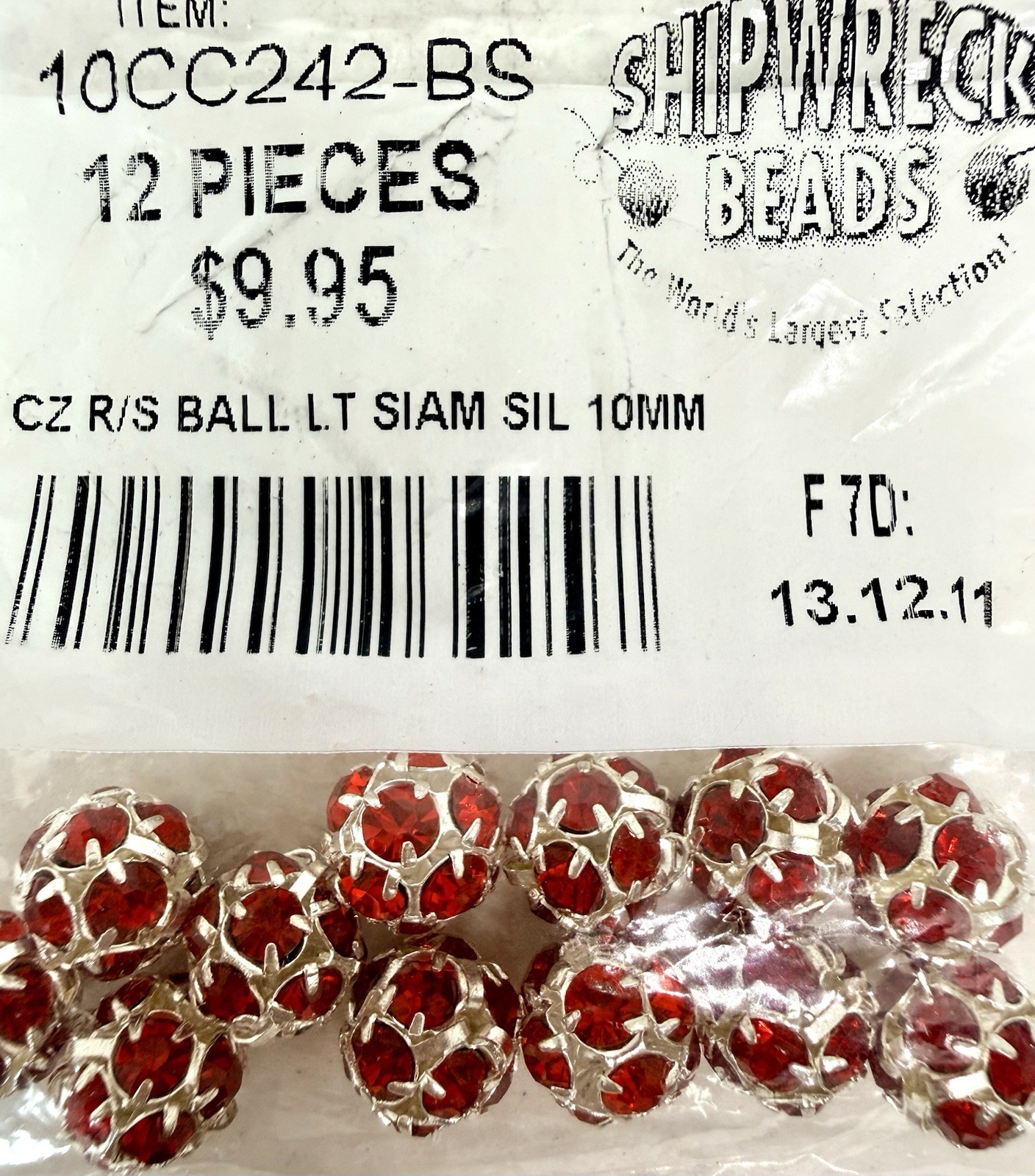 CZ R/S Light Siam Red Silver Beads 10mm