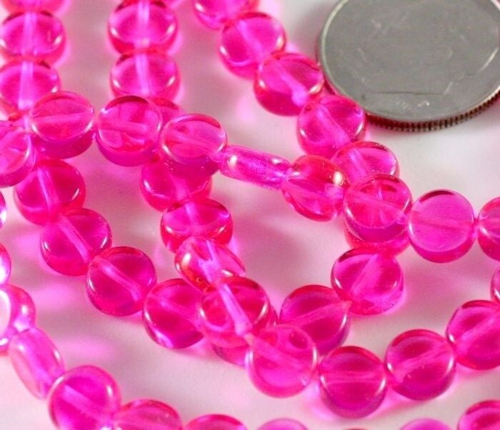 Bead, 100 Czech Pressed Glass Transparent Fuchsia 6mm Flat Coin 0.8mm Hole *