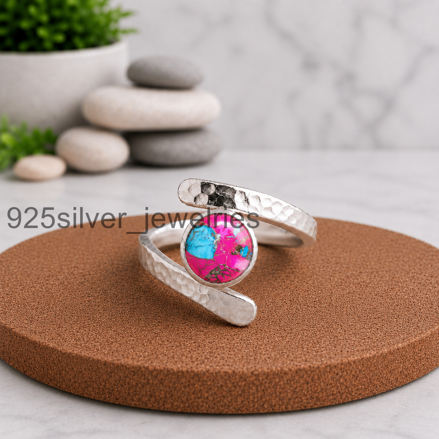 925 Sterling Silver Cotton Candy Gemstone Ring Hammered Wrap Band K05