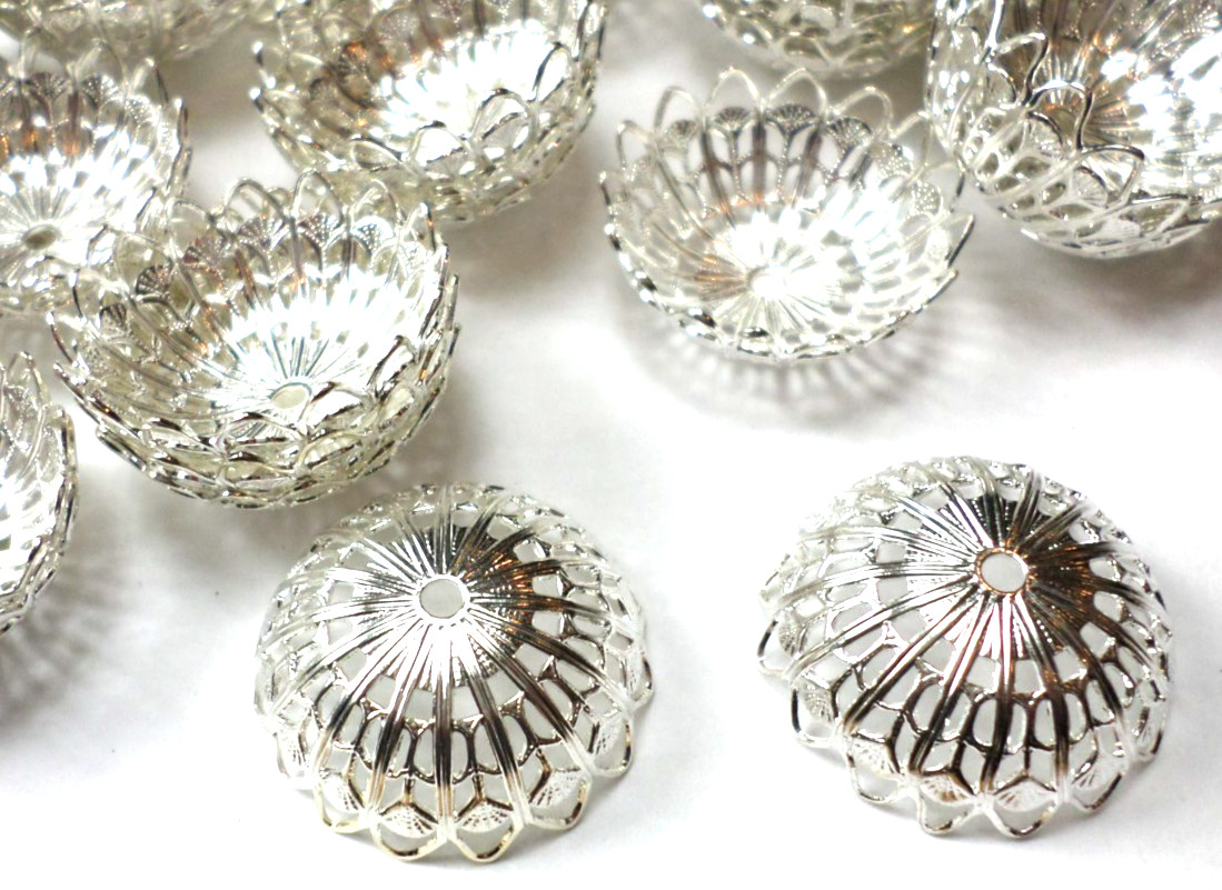 15 Vintage Shiny Silver Art Deco Filigree Round Huge Bell Bead Caps 26x10mm