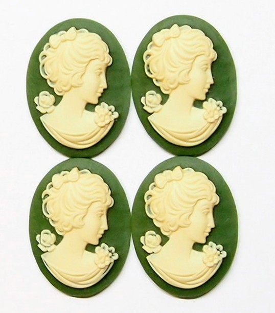 4 of 40x30mm Cream over Green Victorian Art Deco Shy Short Hair Women Cameos
