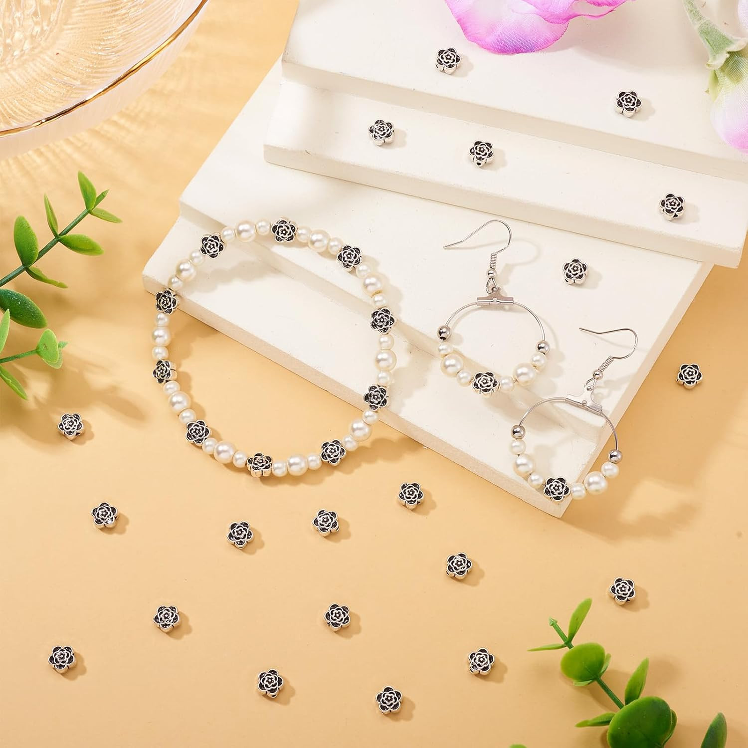 Pandahall 100Pcs Tibetan Silver Antique Silver Flower Bead Spacers Charms
