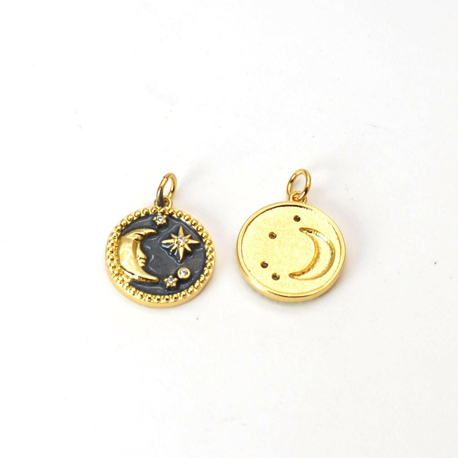 1Piece 18K Gold Plated Brass Star, Crescent Moon Enamel Charm Pendant GADW89