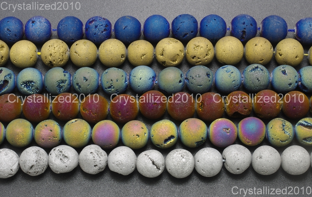 Metallic Titanium Coated Druzy Quartz Agate Gemstones Round Beads 8mm 10mm 15″