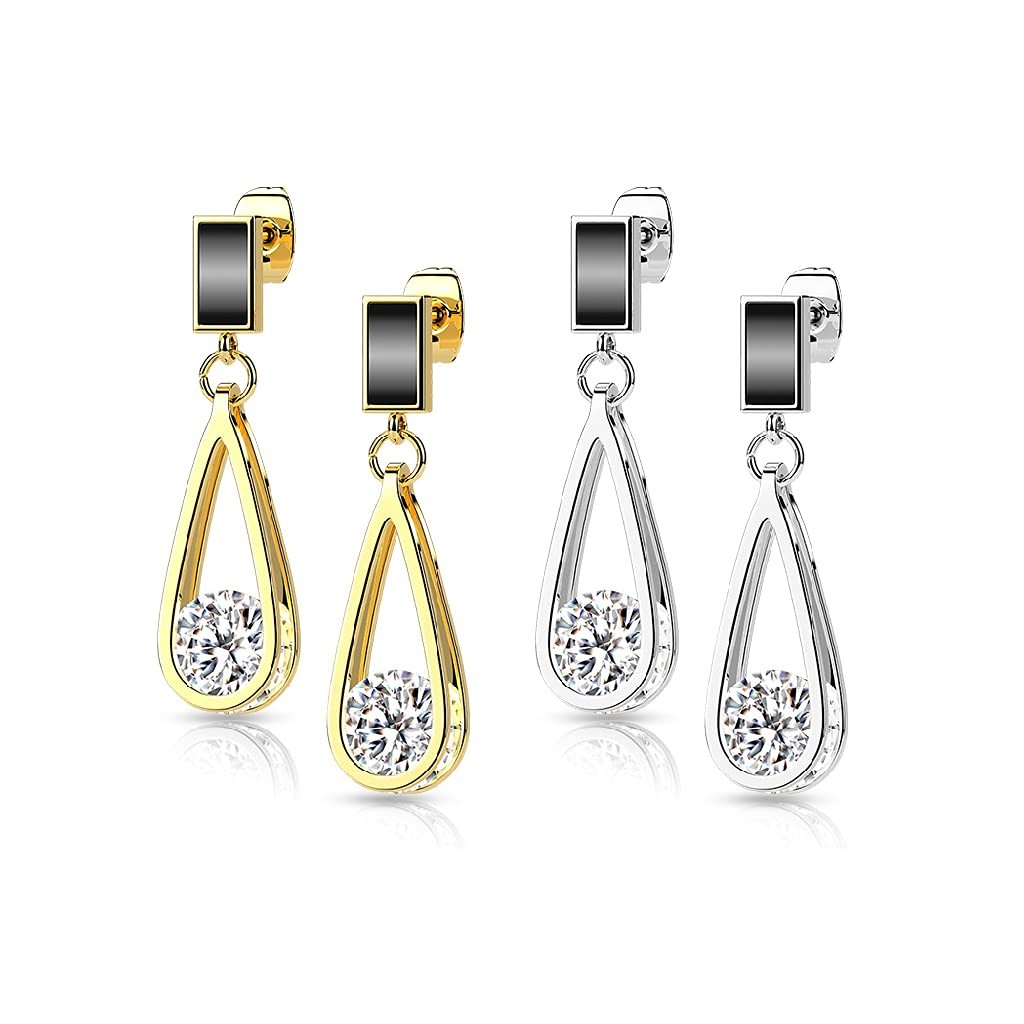 20GA Black Enamel Filled Rectangle with Dangling Hollow Teardrop with Inner CZ 3