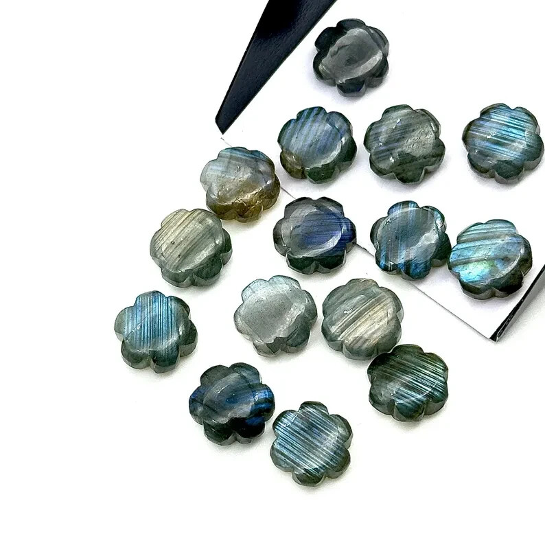 5 Pcs Beautiful Labradorite Carved Flower Shape Carvings Gemstones 10mm