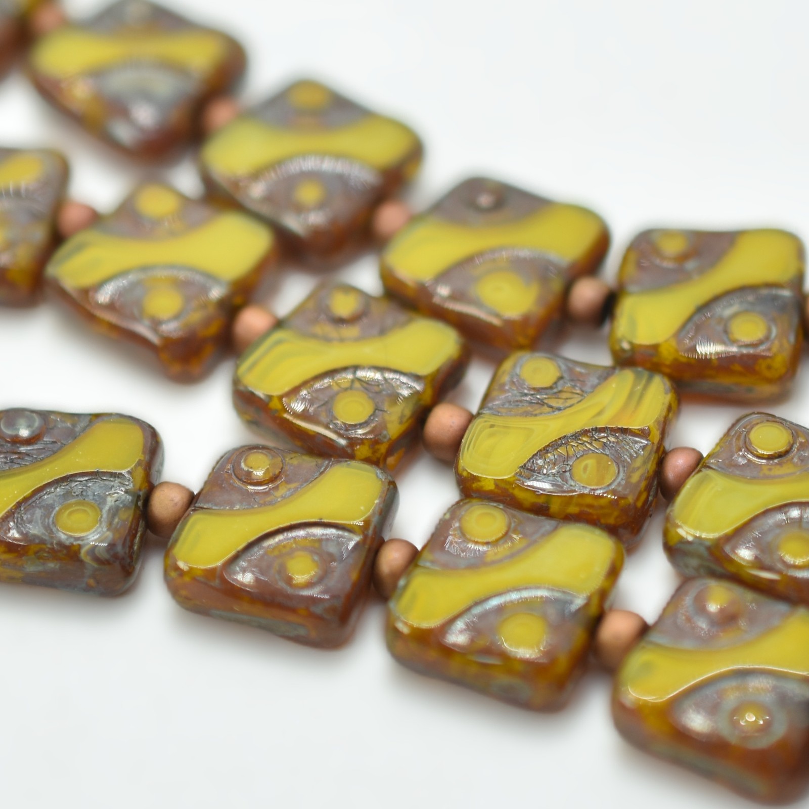 10mm Table Cut Square, Dot Yellow Picasso, 6 Beads, Czech Glass