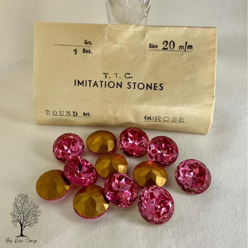 Vintage Czech 20mm Rose Glass Rhinestones – 12 Pieces with Original Packaging –
