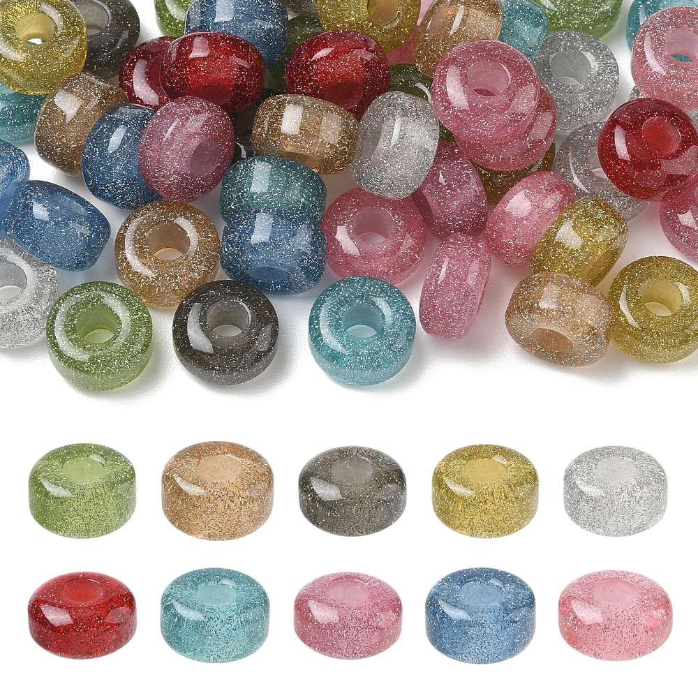 50Pcs Transparent Resin European Beads, Glitter Powder Large Hole Rondelle Beads