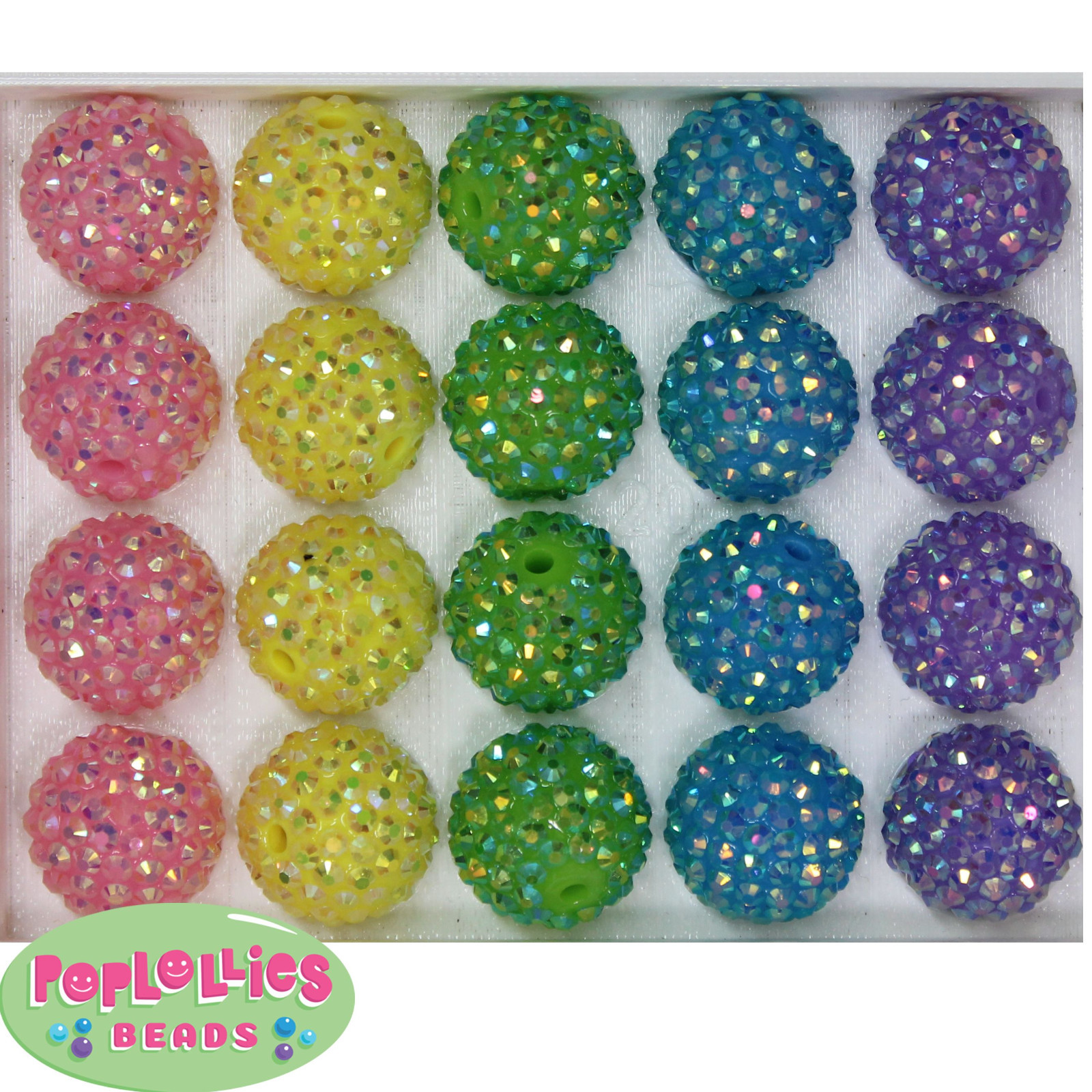 Mixed Pastel 20mm Resin Rhinestone Chunky Bubblegum Beads 20pc, 5 colors