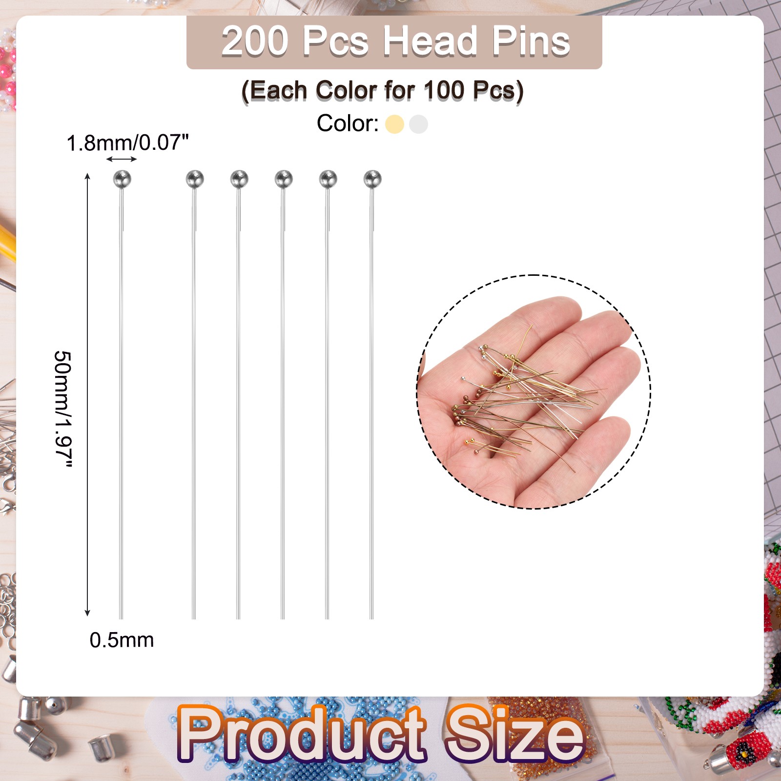200Pcs Plated Ball Head Pins 50mm 24 Gauge Silver and Gold