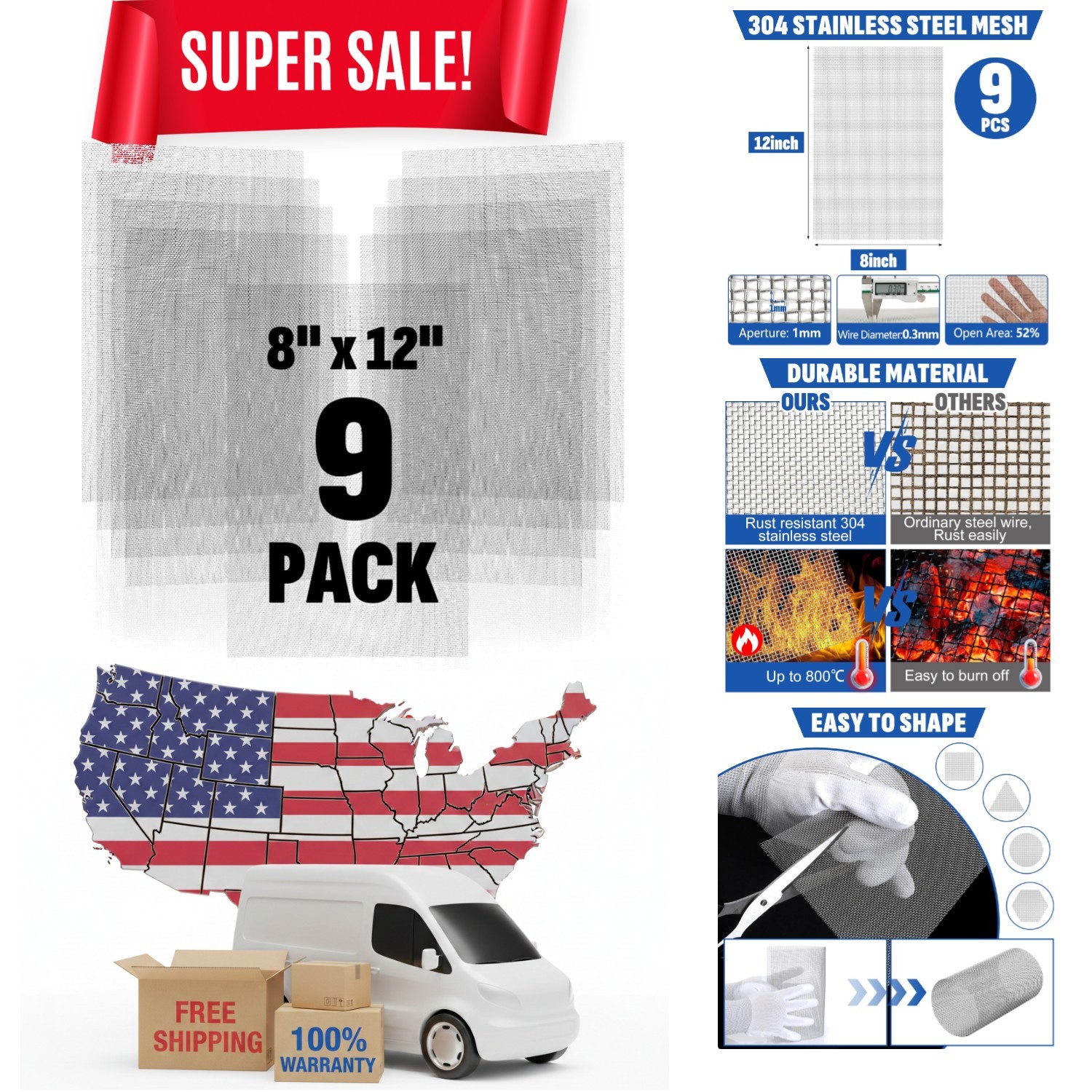 Flexible 9 Pack Stainless Steel Mesh – 8” x 12” for Windows, Air Vents & More