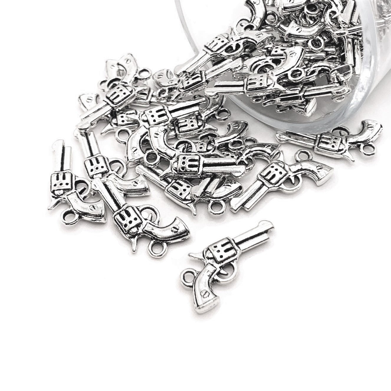 Silver Six Shooter Revolver Gun Charms, 21x11mm – US Seller