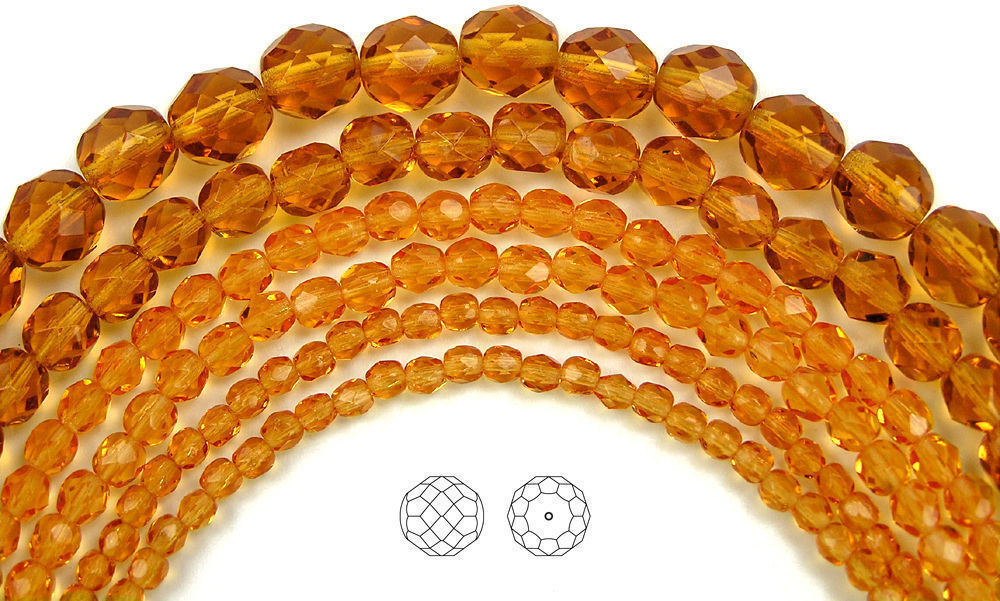 Czech Fire Polished Round Faceted Glass Beads in Topaz color, 16” golden brown