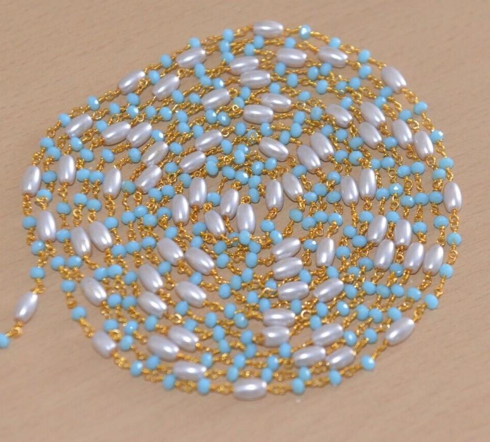 3mm Turquoise faceted beads & rice pearl rosary chain, beaded bulk roll chain
