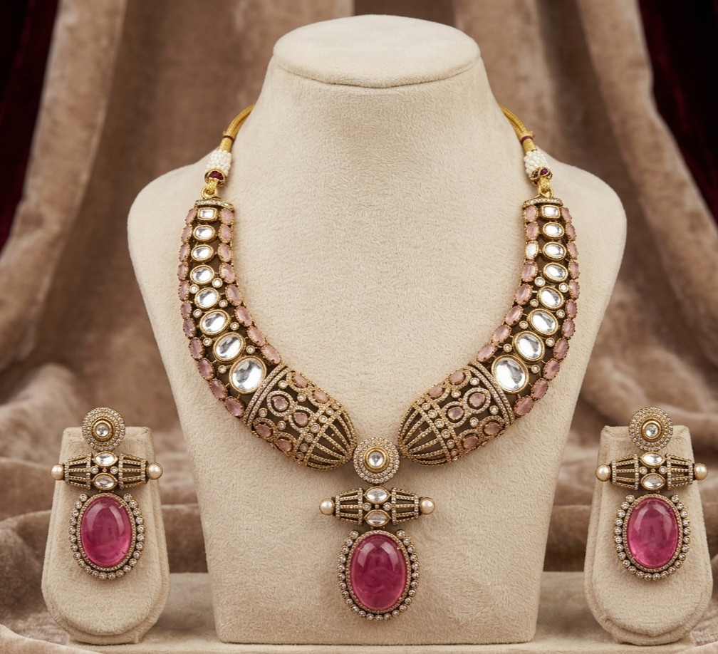 Polki pink Choker Necklace Set Sabyasachi Inspired Moissanite Kundan set