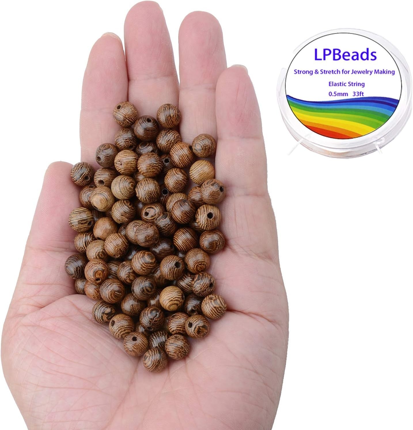 100pcs 8mm Round Natural Wood Beads with Crystal Cord for DIY Jewelry Making