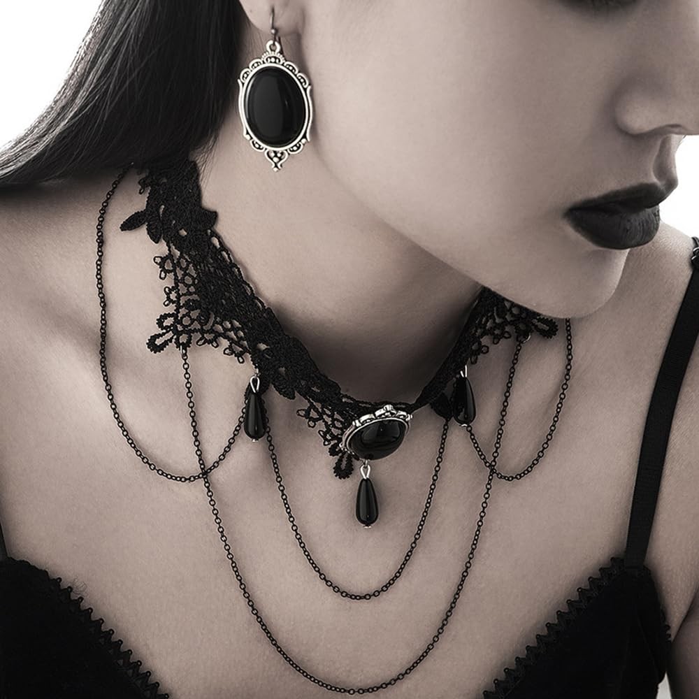 Black Halloween Tassels Lace Choker Necklace Earrings Set Prom Shinny Punk Black