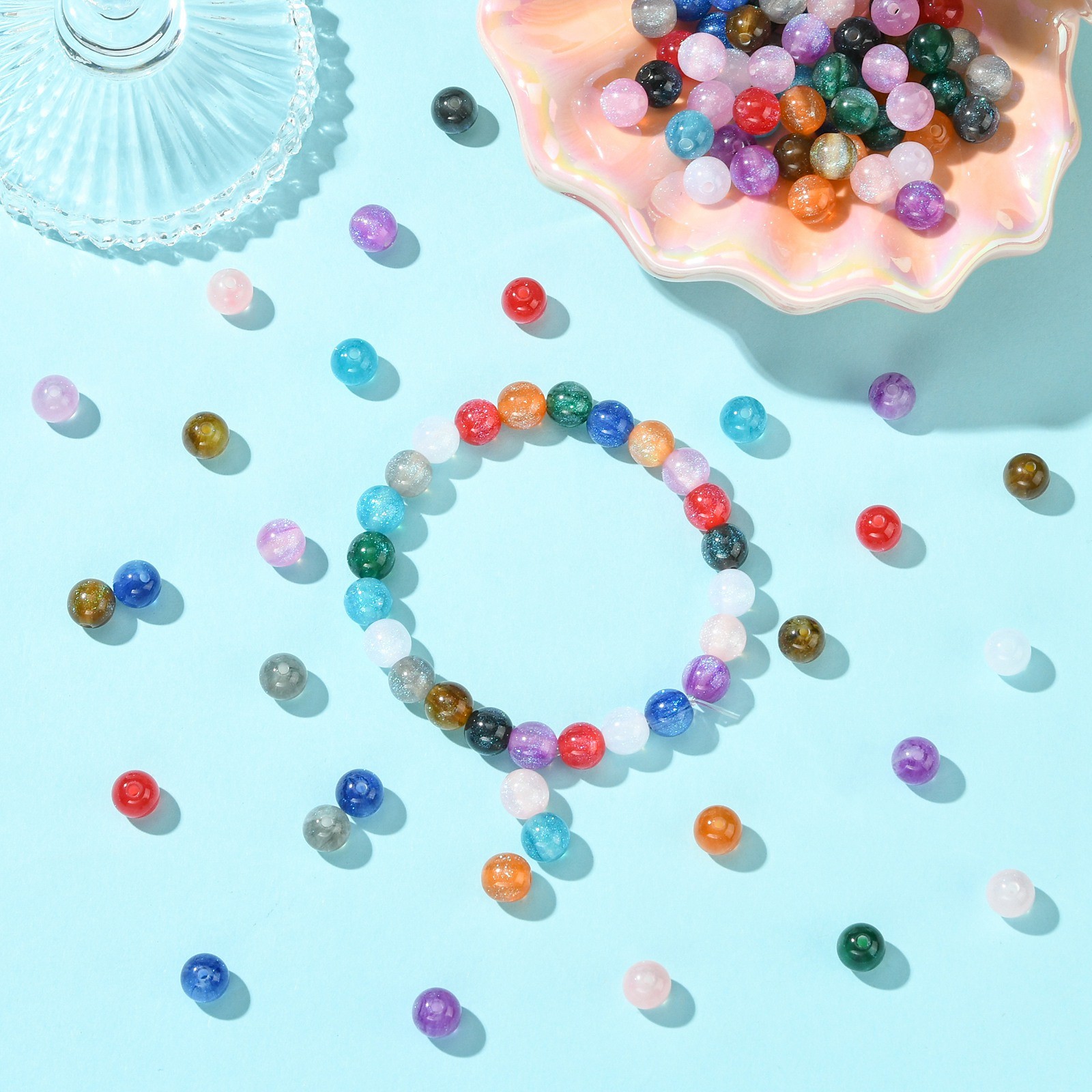 120pcs 8mm Imitation Cat Eye Round Resin Beads Glitter Powder Round Beads DIY