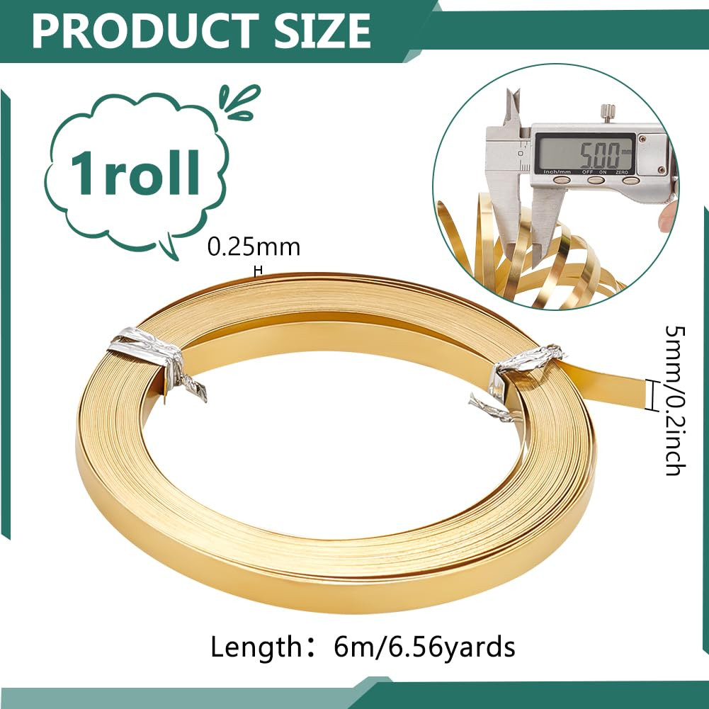 19.69 Ft Brass Flat Bezel Wire, 5mm/0.2 Inch Wide Golden Flat Brass Strip, Fl