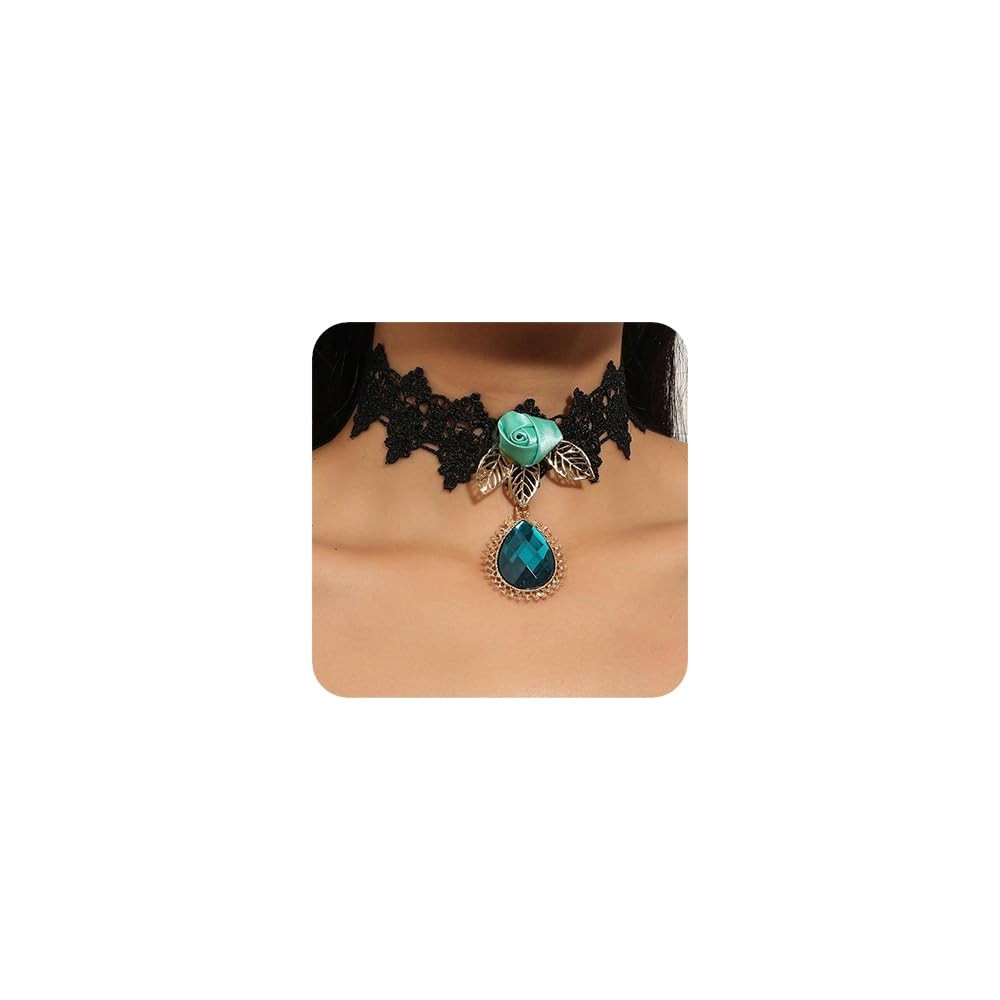 Women Vintage Black Halloween Leaf Lace Choker Necklace Fashion Prom Shinny Blue