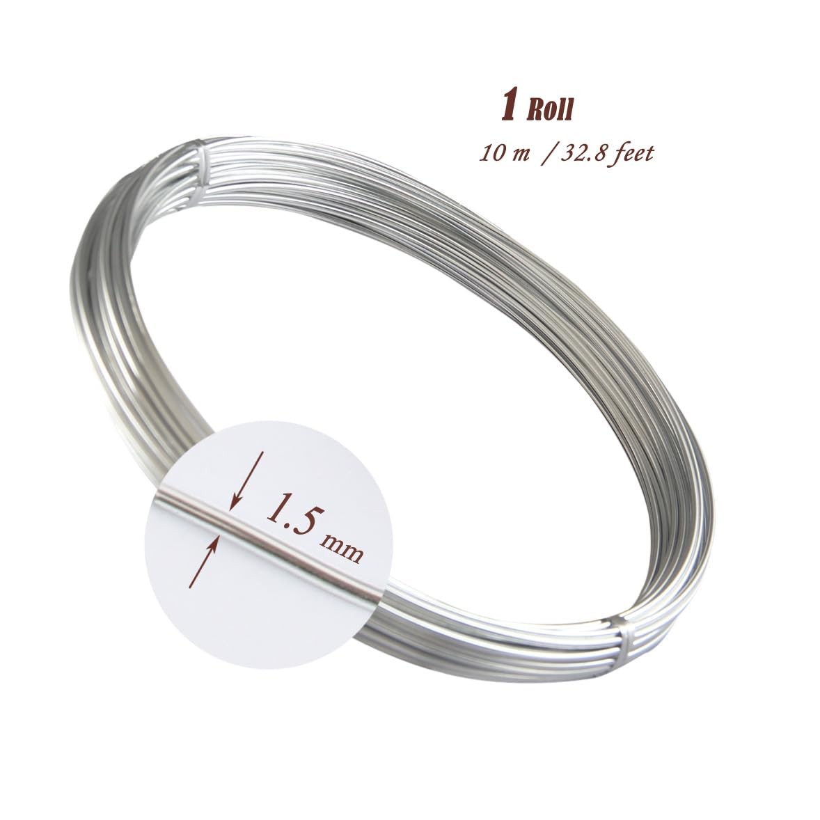 Aluminum Wire, 1 Roll 1.5mm 15 Gauge 32.8 Feet Silver Bendable 1.5mm,