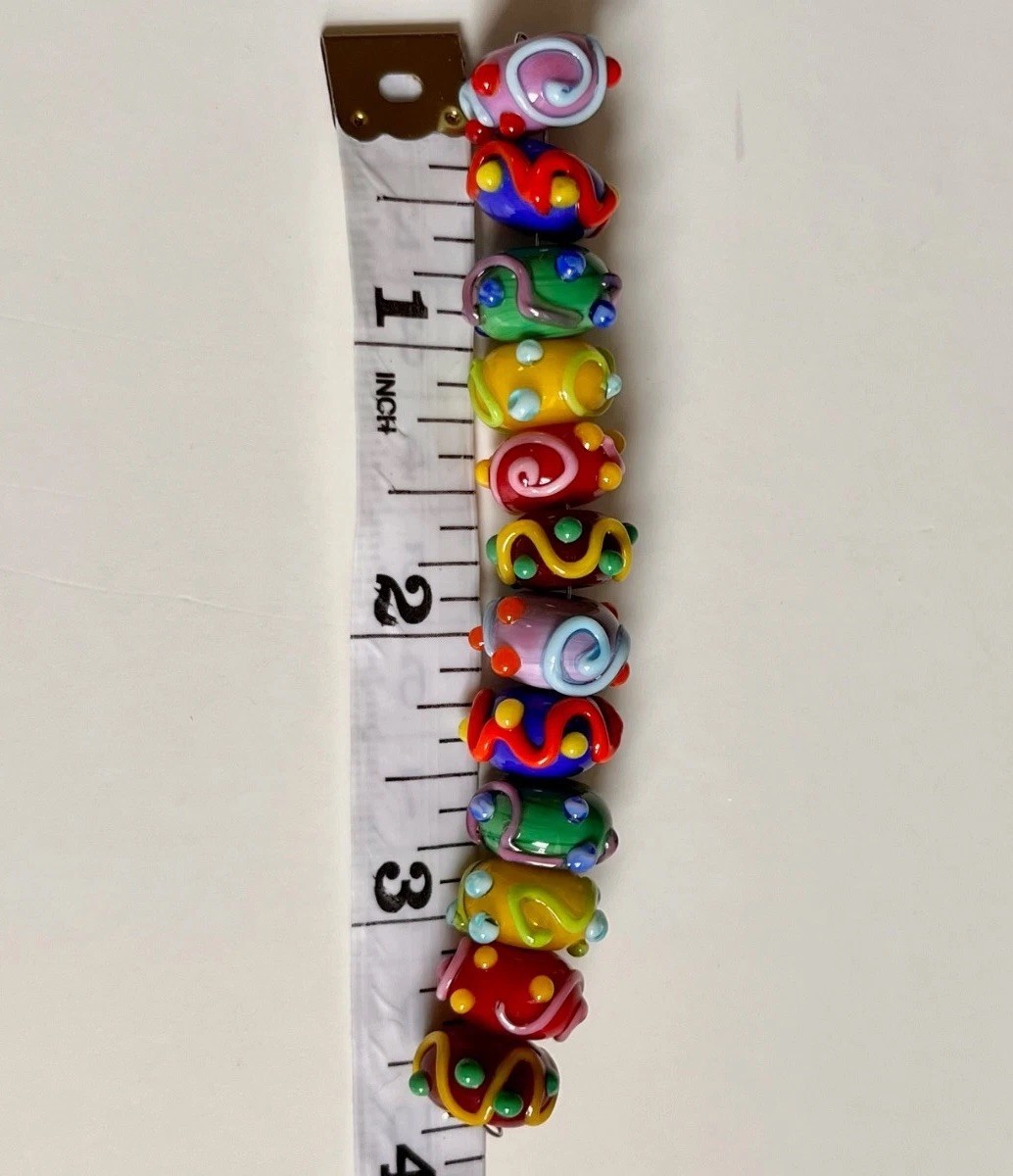 12ct. Handcrafted Lampwork Glass Rondelle Beads in Rainbow Colors Swirls/Bumpies
