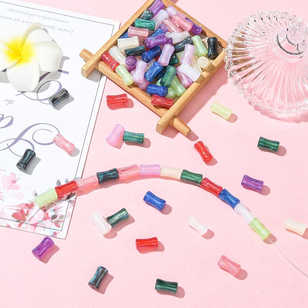 80pcs Opaque Resin Beads Bamboo Shape Beads with Glitter Powder for DIY Crafts