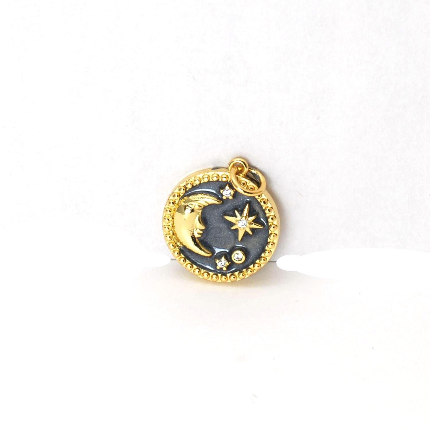 1Piece 18K Gold Plated Brass Star, Crescent Moon Enamel Charm Pendant GADW89