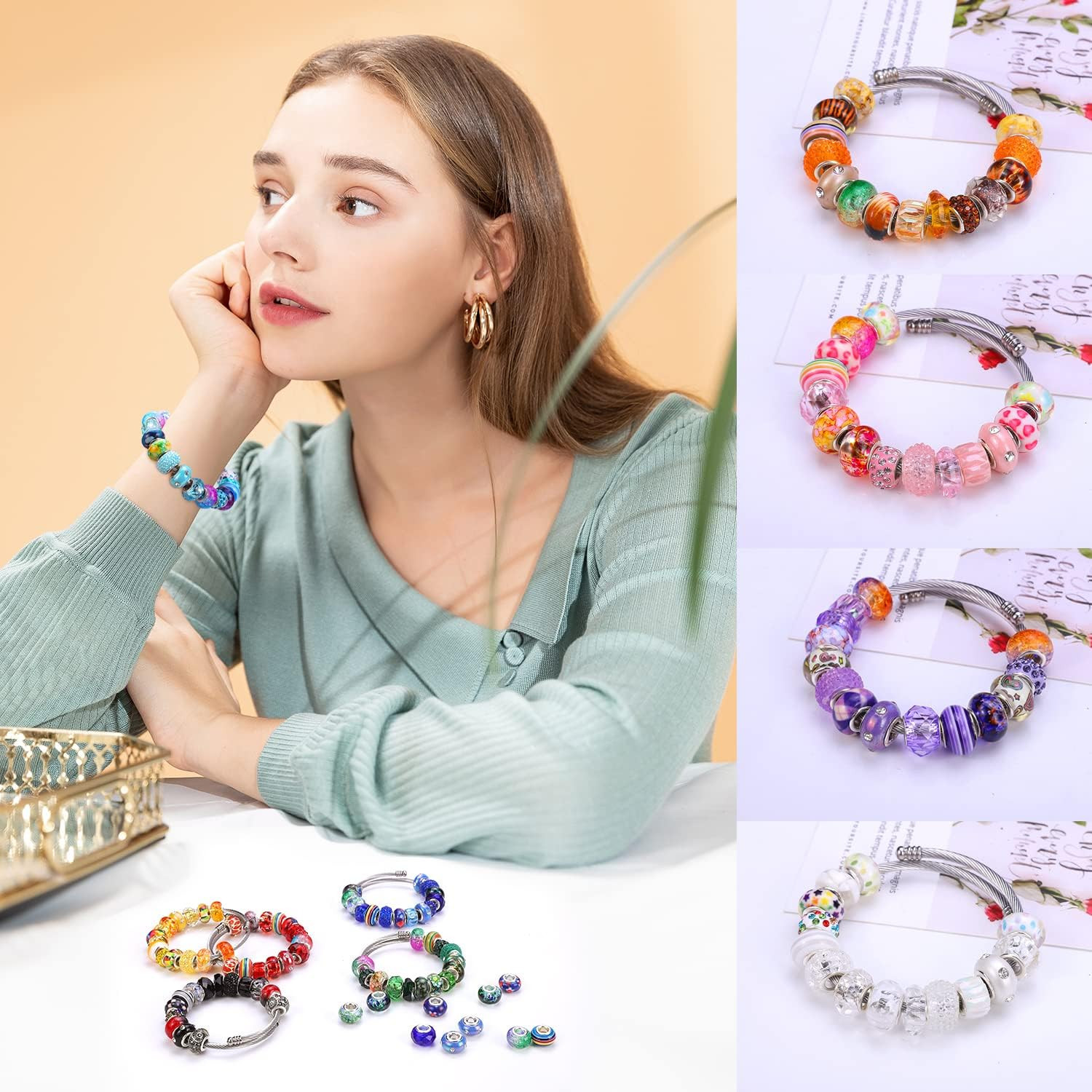 240 Pieces Assorted European Craft Beads Large Hole Lampwork Spacer Beads Colorf