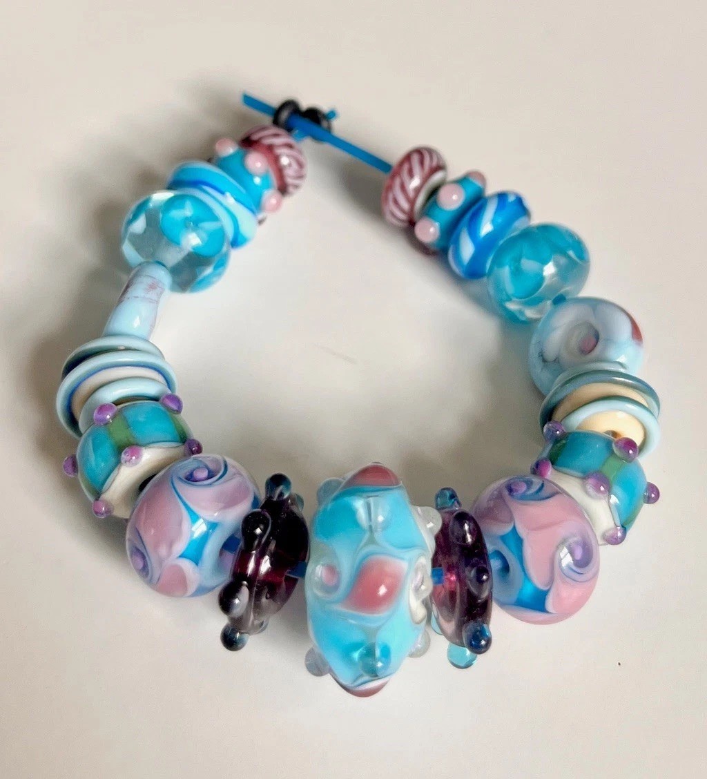 21-Piece Set of Handcrafted Lampwork Glass Rondelle Beads in Blue/Purple