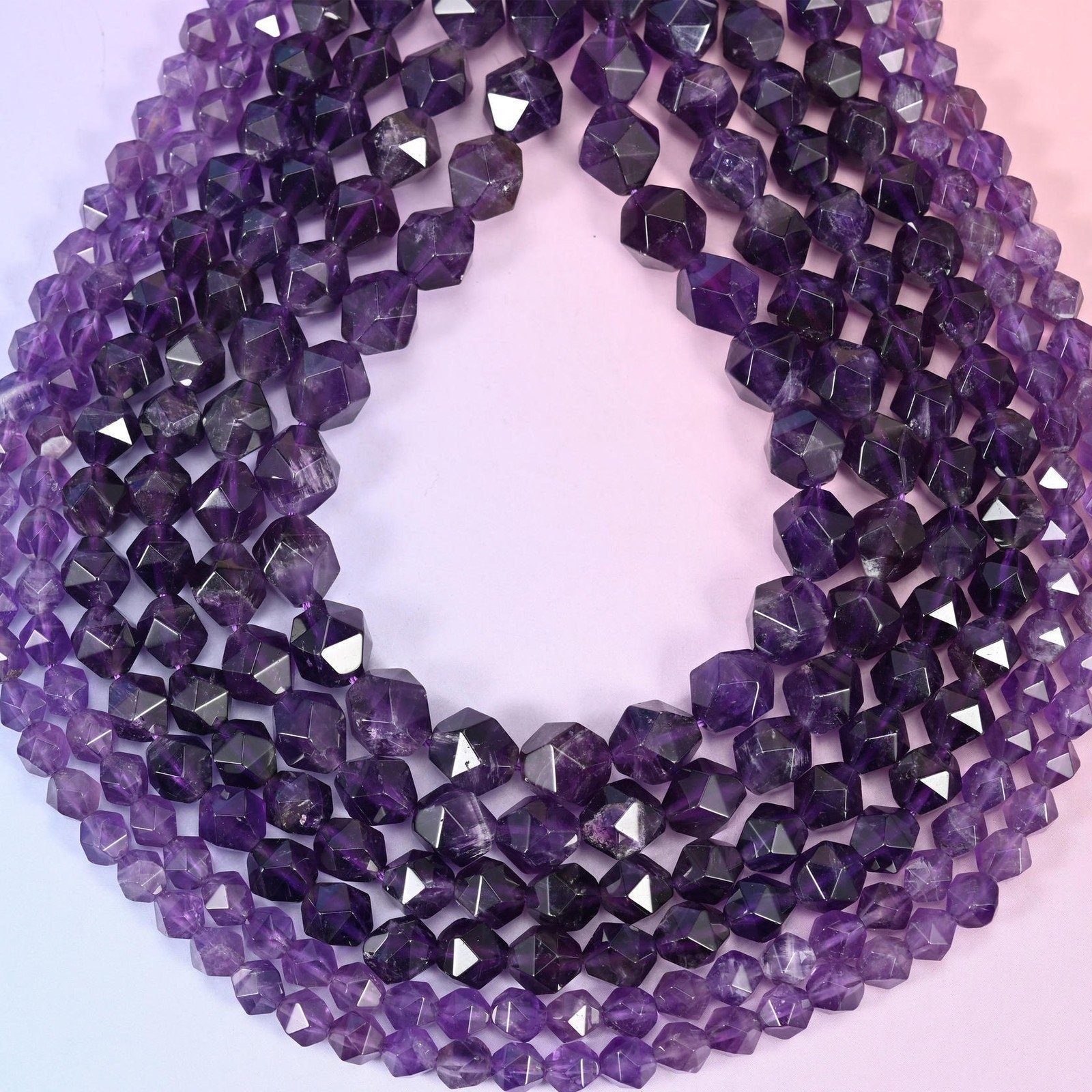 Purple Amethyst Diamond Star Cut Beads 6mm 8mm 10mm 15.5 Inch Strand