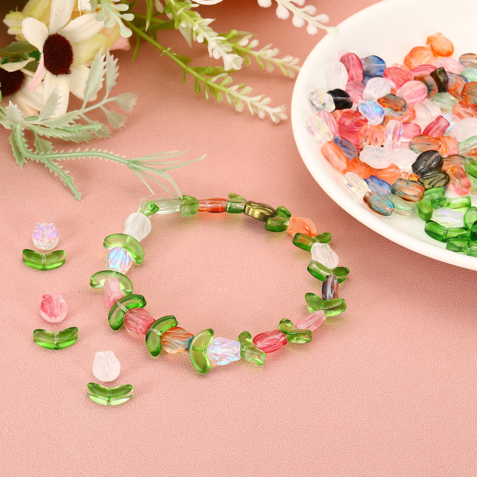 200 Pack Tulip Flower Crystal Glass Beads Texture Flower Bead Orange/Green