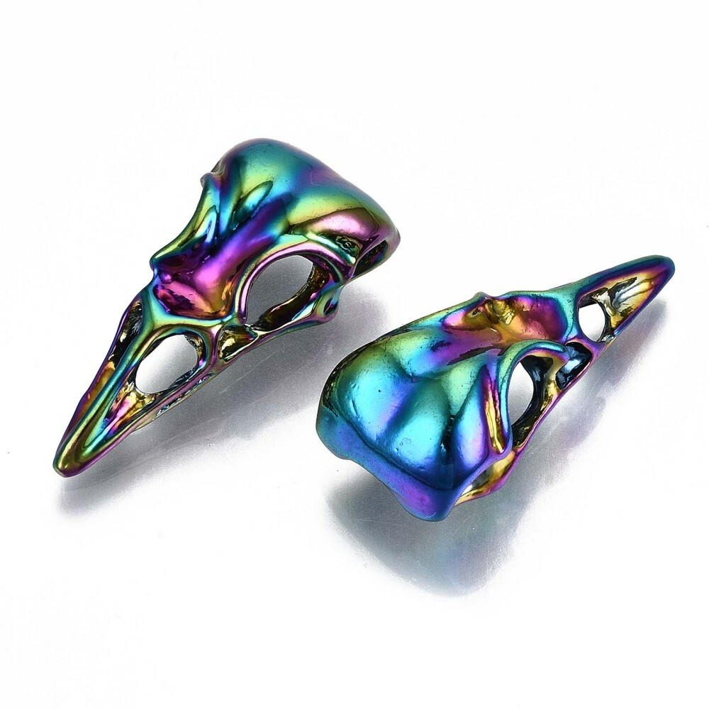 2 Large Raven Bird Skull Pendants Rainbow Gothic Steampunk Findings 30mm