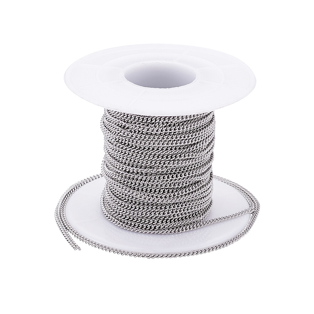 1 Roll Stainless Steel Curb Chains with Spool Unwelded Steel Color 2.4×1.9×0.5mm
