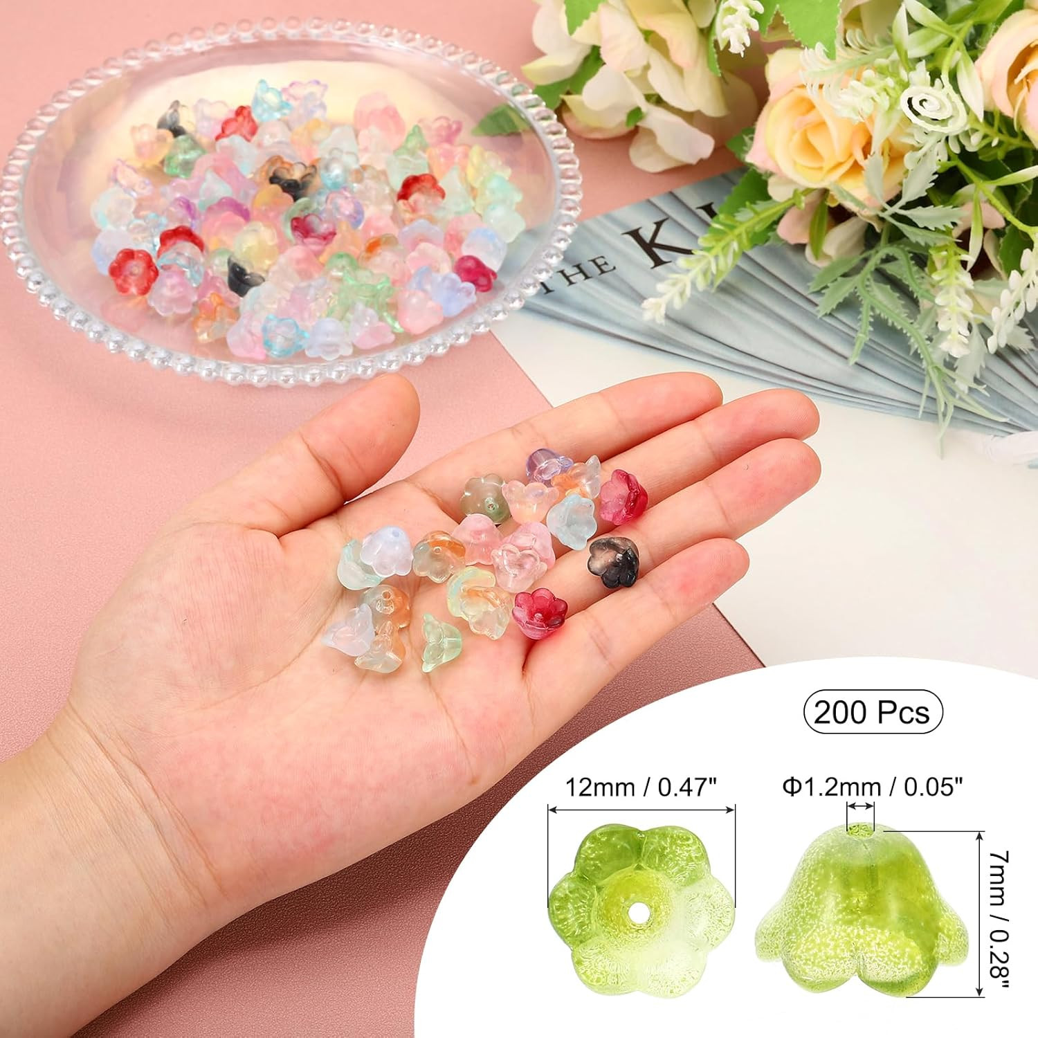Glass Trumpet Flower Beads, 200 Pcs Gradient Flower Bead Charm for Jewelry Makin