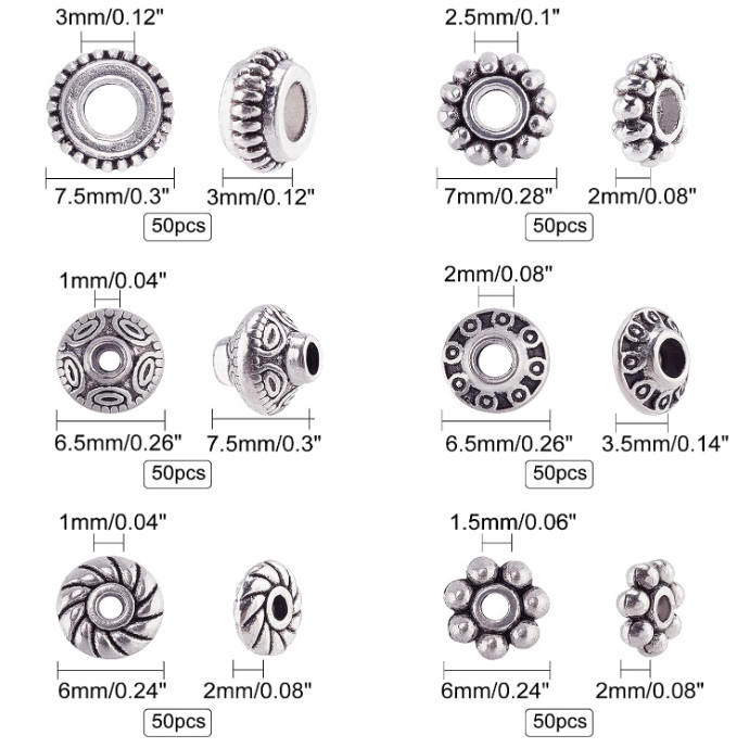 300 cuentas separadoras plateadas estilo tibetano 6 diseños para joyería artesan