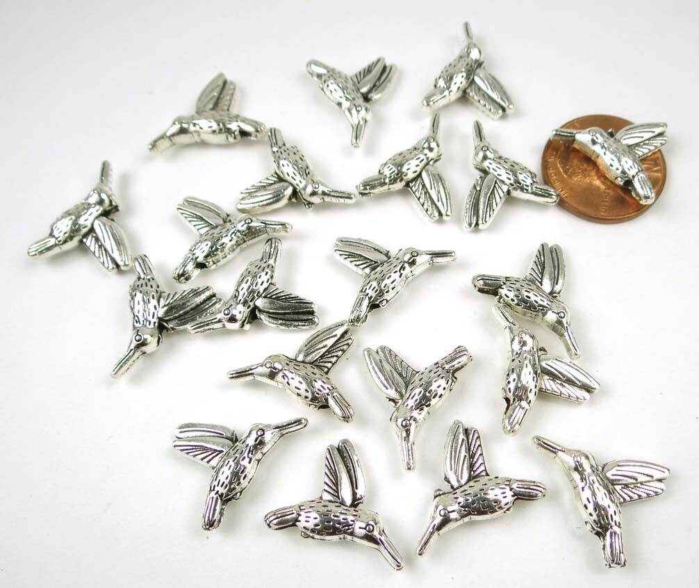 15 Hummingbird Flying Bird Charm Silver Pewter beads 18x14mm