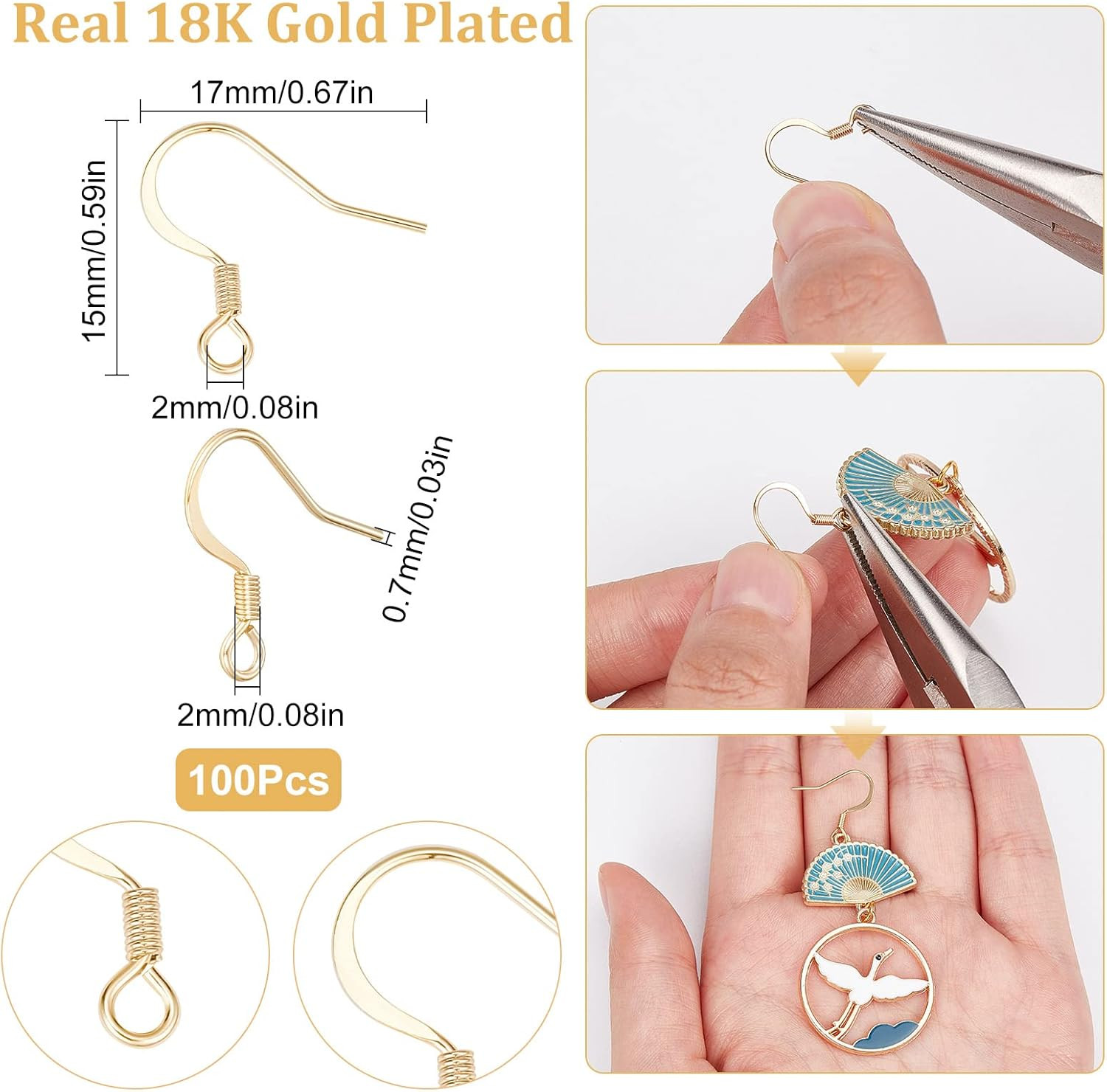 1 Box 100Pcs Real 18K Gold Plated French Earring Hooks Fish Hook Earrings Stainl