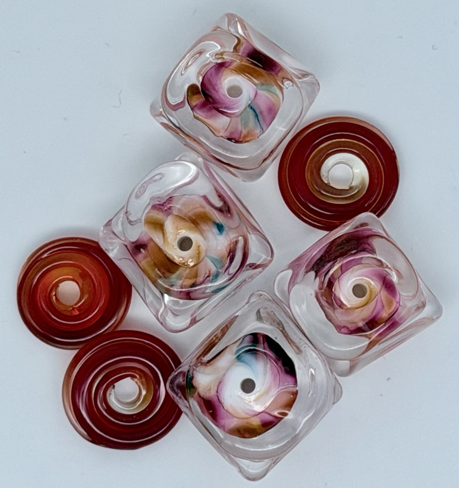 Lot Of 7 Handmade Artisan Lampwork Disc & Cube Nugget Beads Approx 12mm & 8x15mm