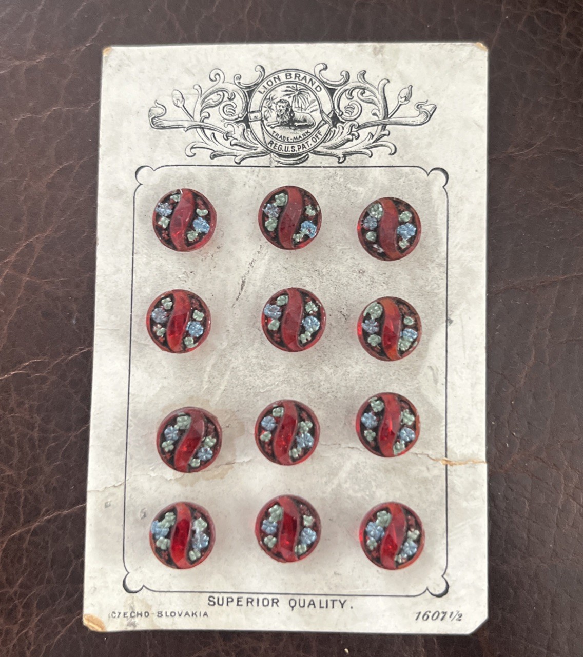 Antique Haute Set 12 Czech Miniature Buttons Partial Original Card Lion Brand