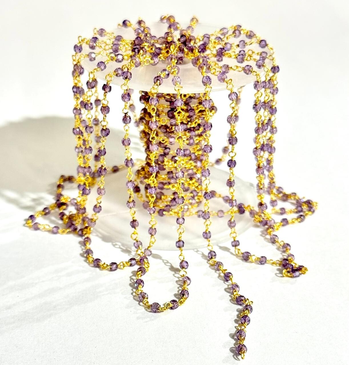 3mm Amethyst Zirconia beads bulk roll chain, gold plated jewelry making rosary