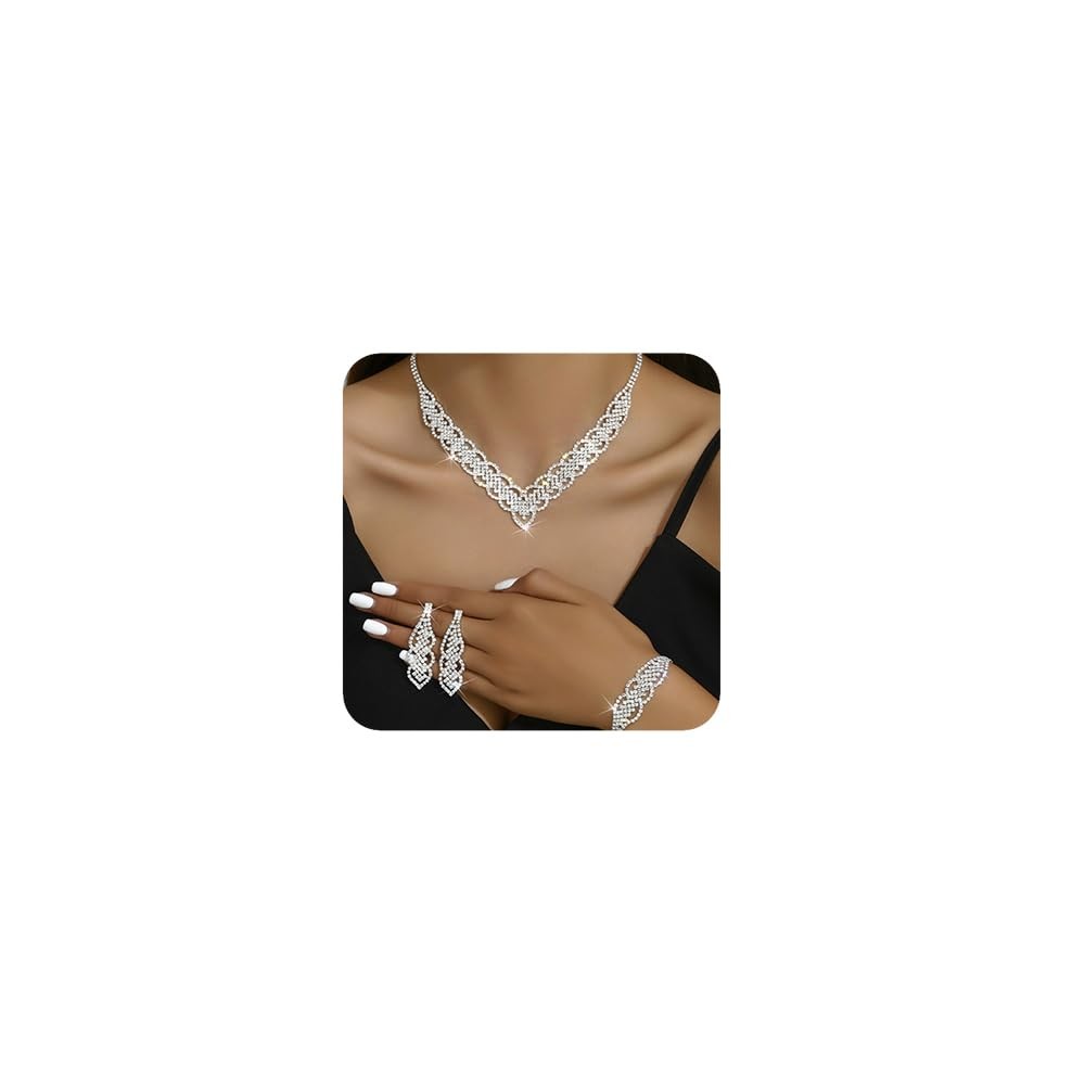 Boho Bridal Wedding Silver Shinny Rhinestones Choker Necklace Earrings Bracelet